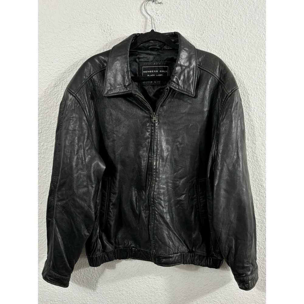 Members Only Leather Jacket Mens Large Black Label Lambskin Bomber Quilted Lined